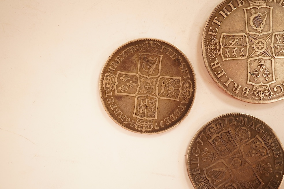 British silver coins, Anne (1702-1714), crown, 1707E, fine or better, halfcrown, 1712, fine or better, George II (1727-1760) halfcrown, 1746 Lima, near VF